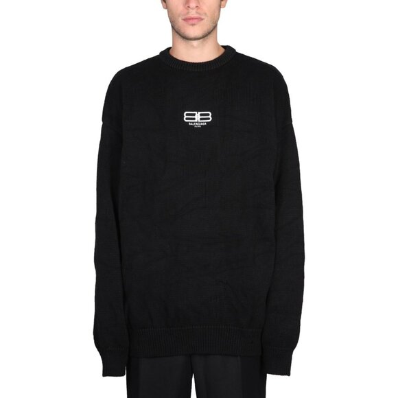 Balenciaga Logo Embroidered Knit Jumper men's  navy blue  sweater size L - Picture 1 of 14